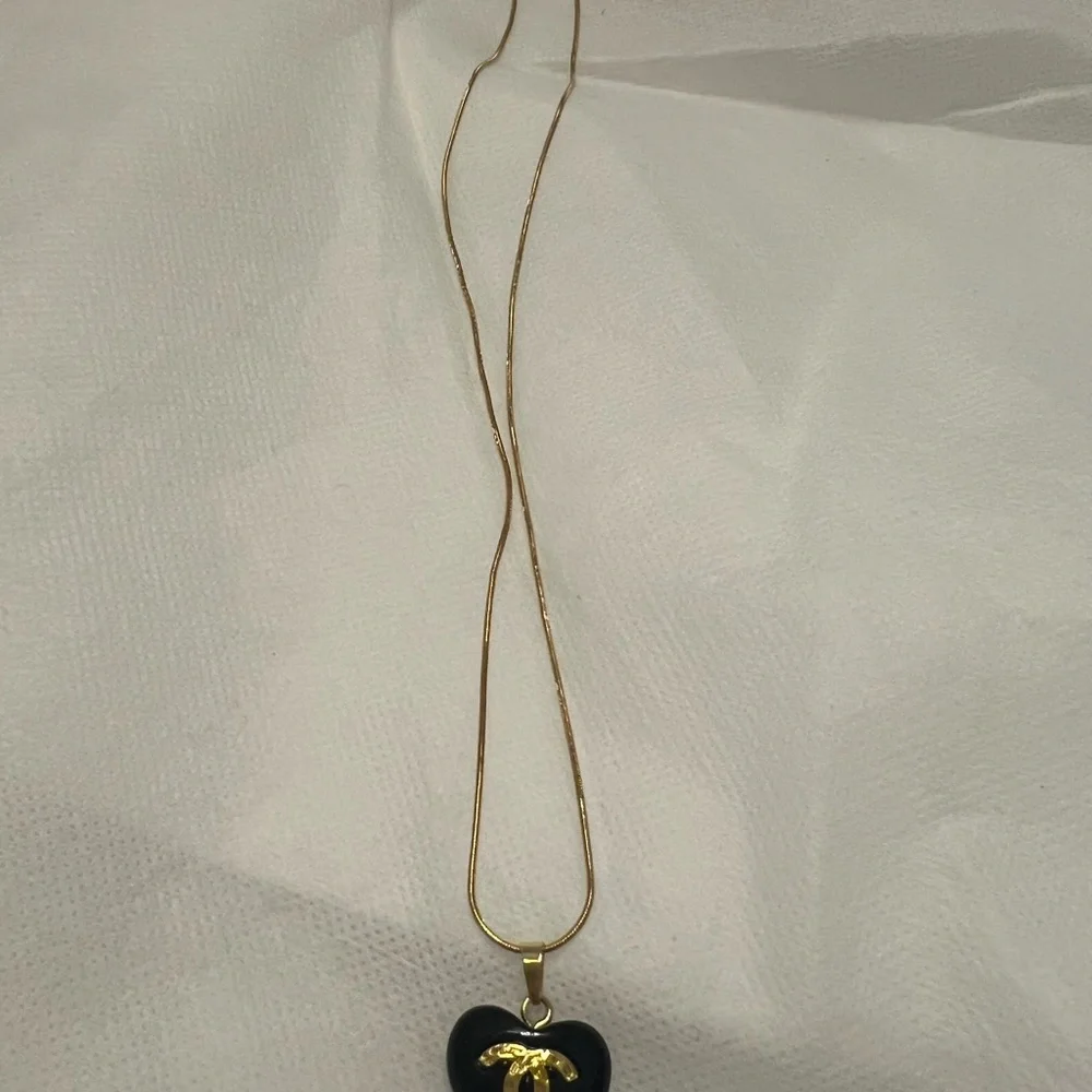 CHANEL Black Heart Pendant Necklace with Gold CC Emblem